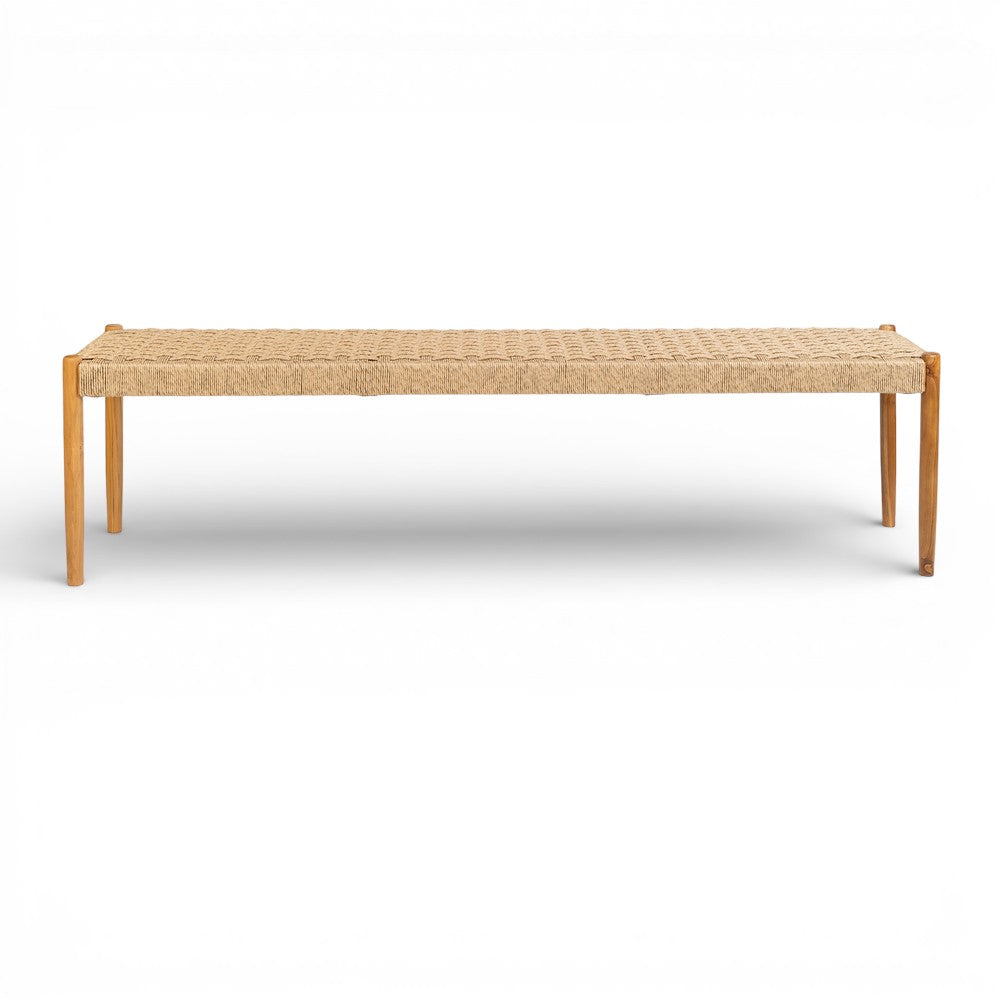 Woven bench with wooden frame on a white background