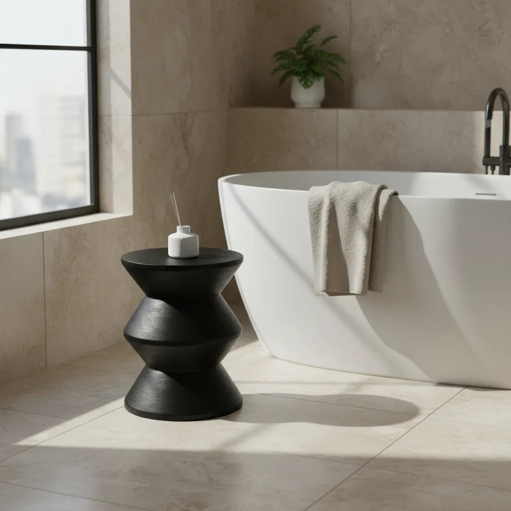 Handmade black wooden side table beside modern freestanding bathtub, Kayu Living interior design