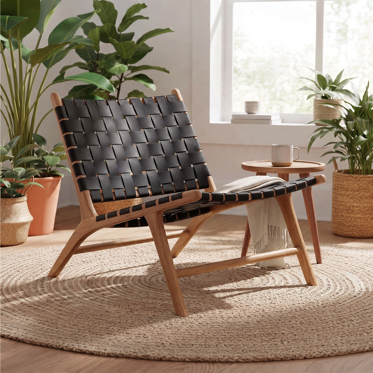 Kayu Living Umalas lounge chair with a black handwoven leather seat and natural teak wood frame in a bright room.