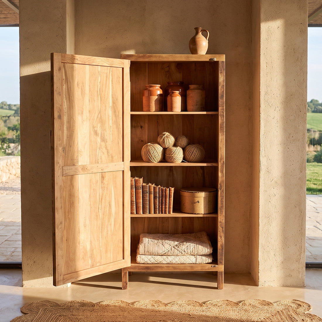 Farmwood cabinet by Raw Materials made from FSC recycled wood, showcasing a sturdy, eco-friendly storage solution with wood grain details.