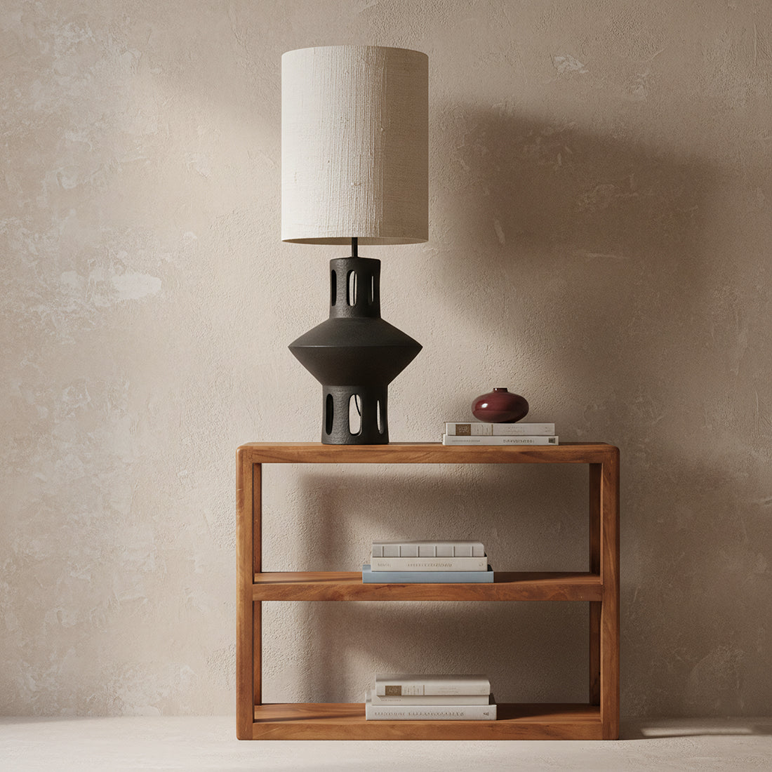 Raw Materials bullnose mango wood storage rack with three tiers, showcasing a natural finish and sturdy design for organization.