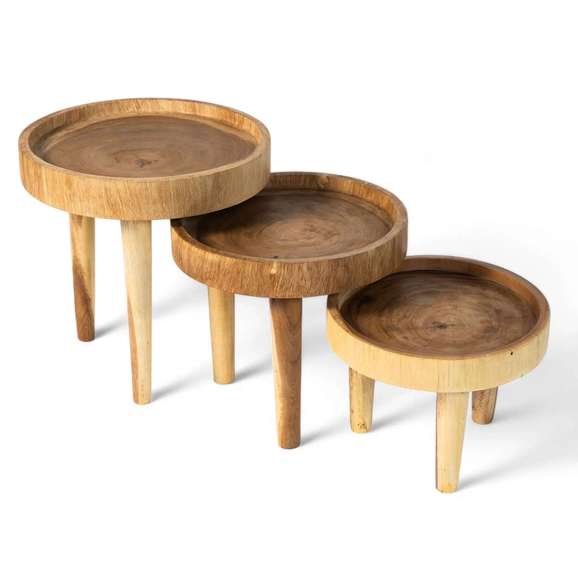 Set of three handcrafted round wooden coffee tables with natural finish, Kayu Living
