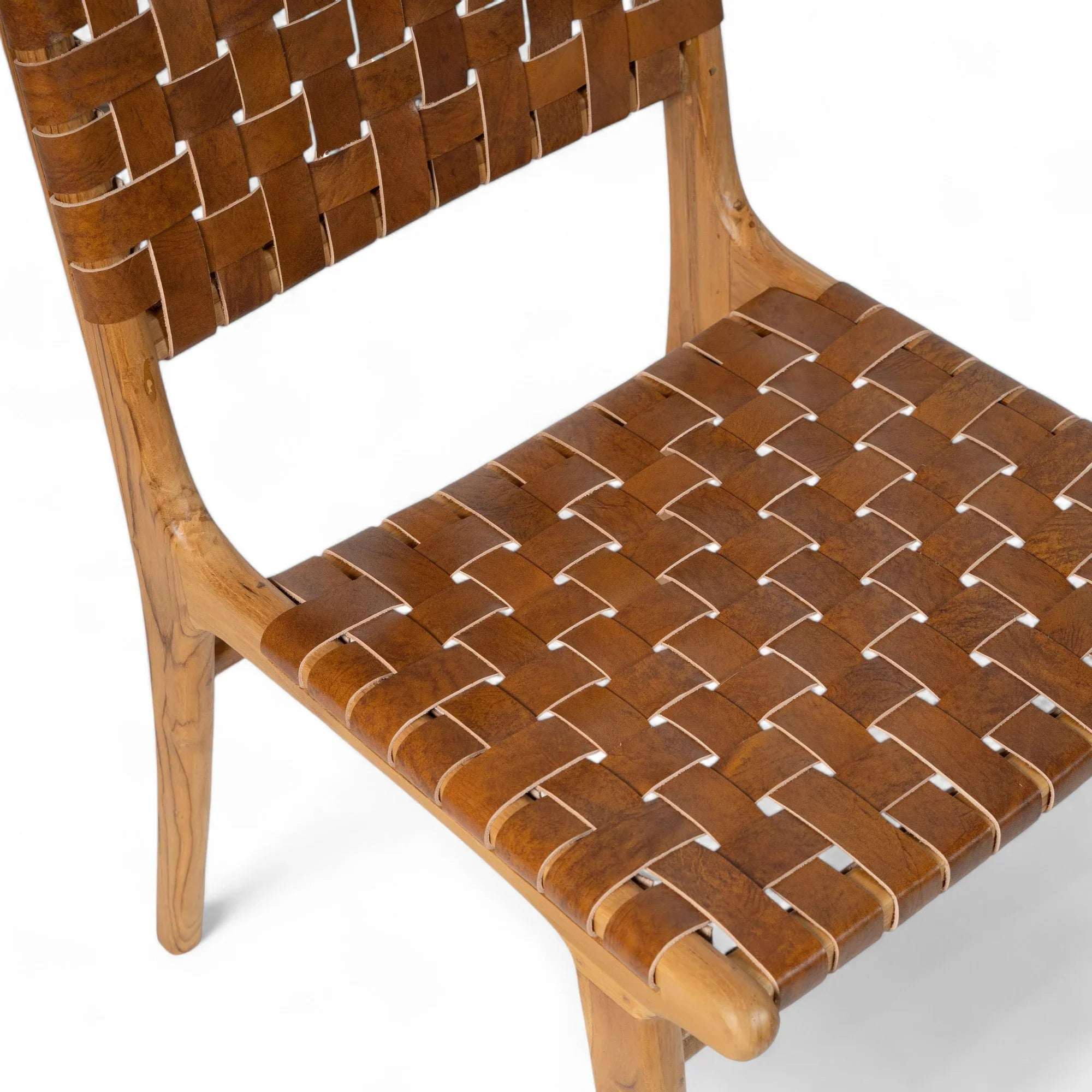 Handmade teak and woven leather dining chair, Kayu Living, natural craftsmanship