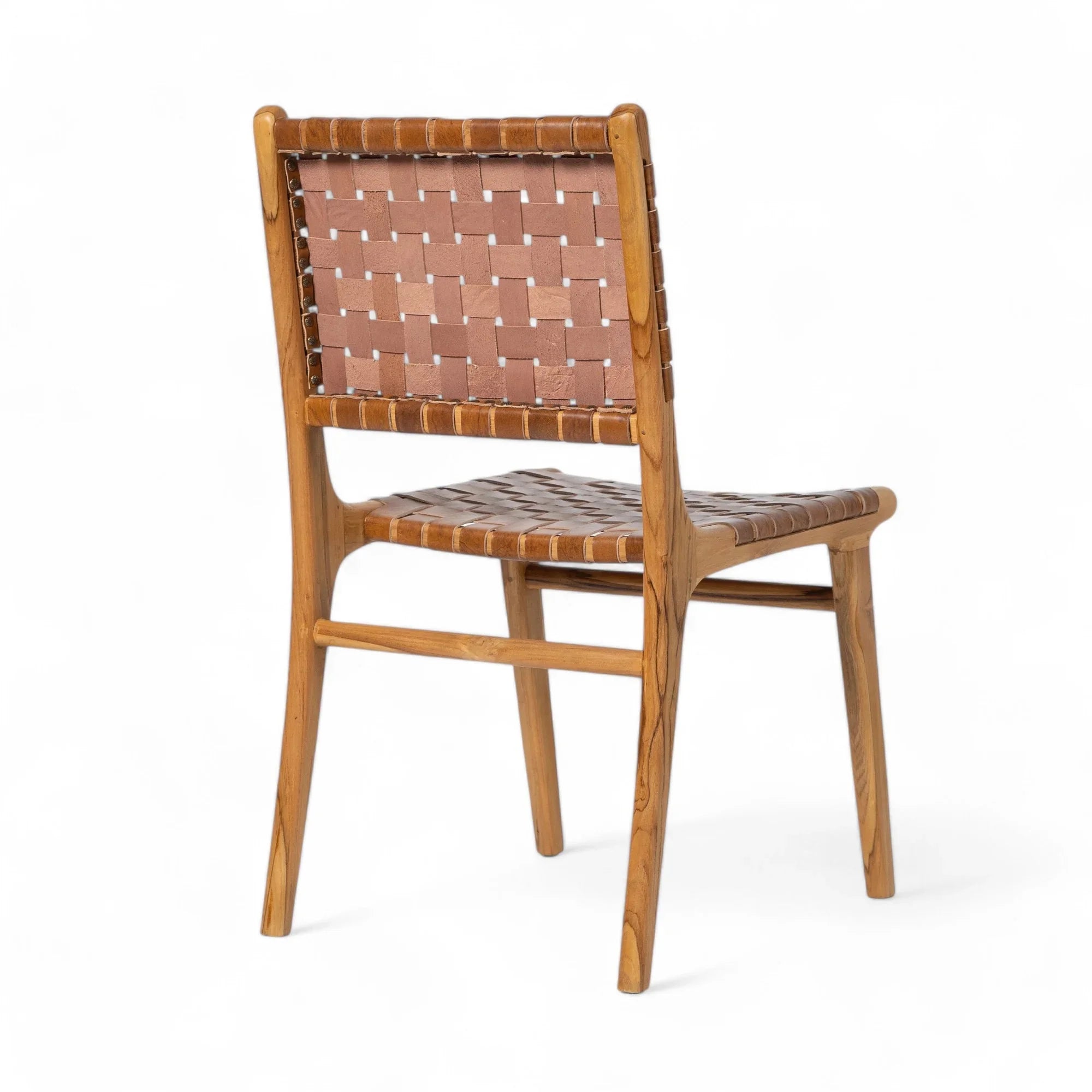 Handcrafted dining chair with woven leather seat and back, natural wood frame, Kayu Living