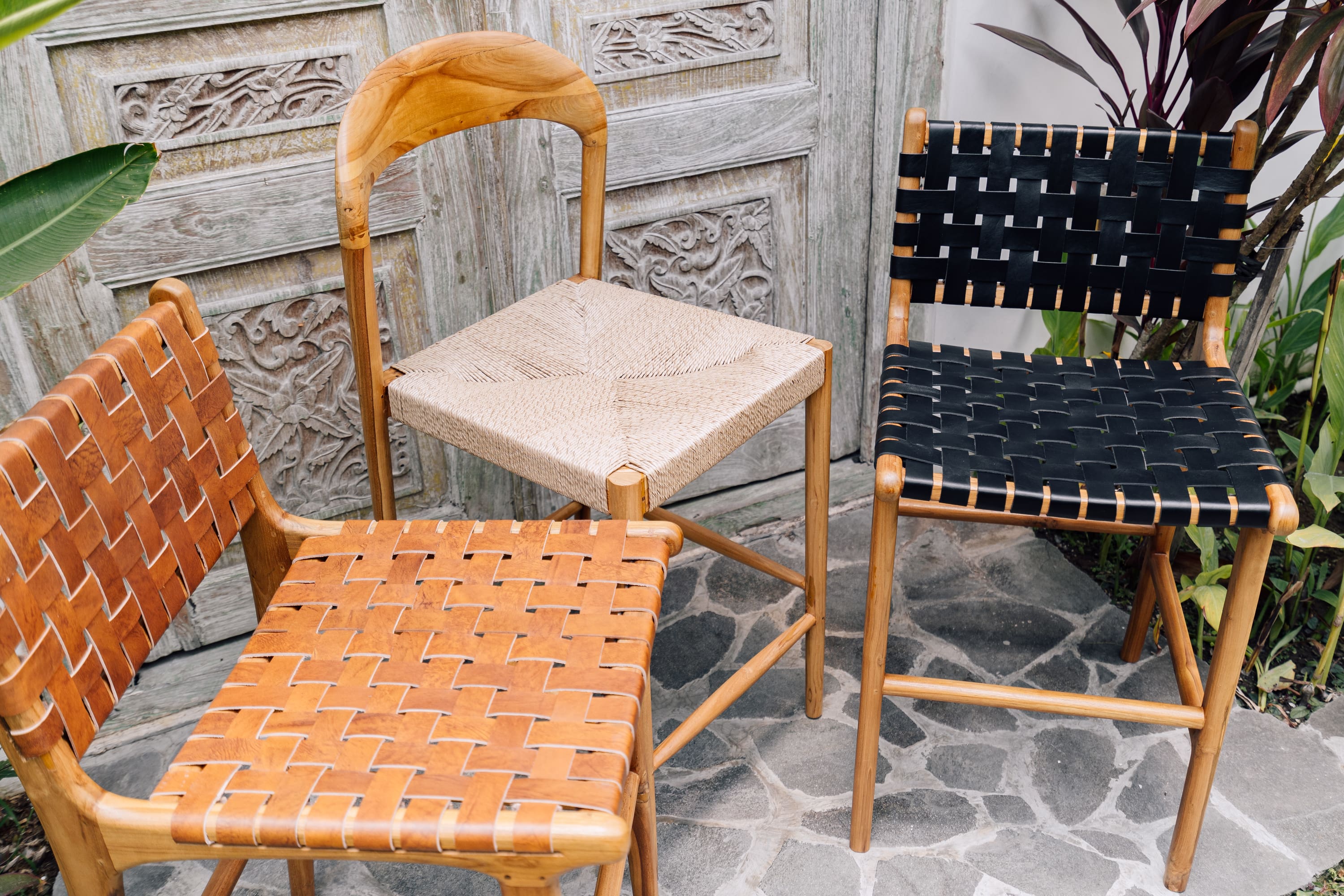 Counter Stool 'Sanur' in Teak and Leather