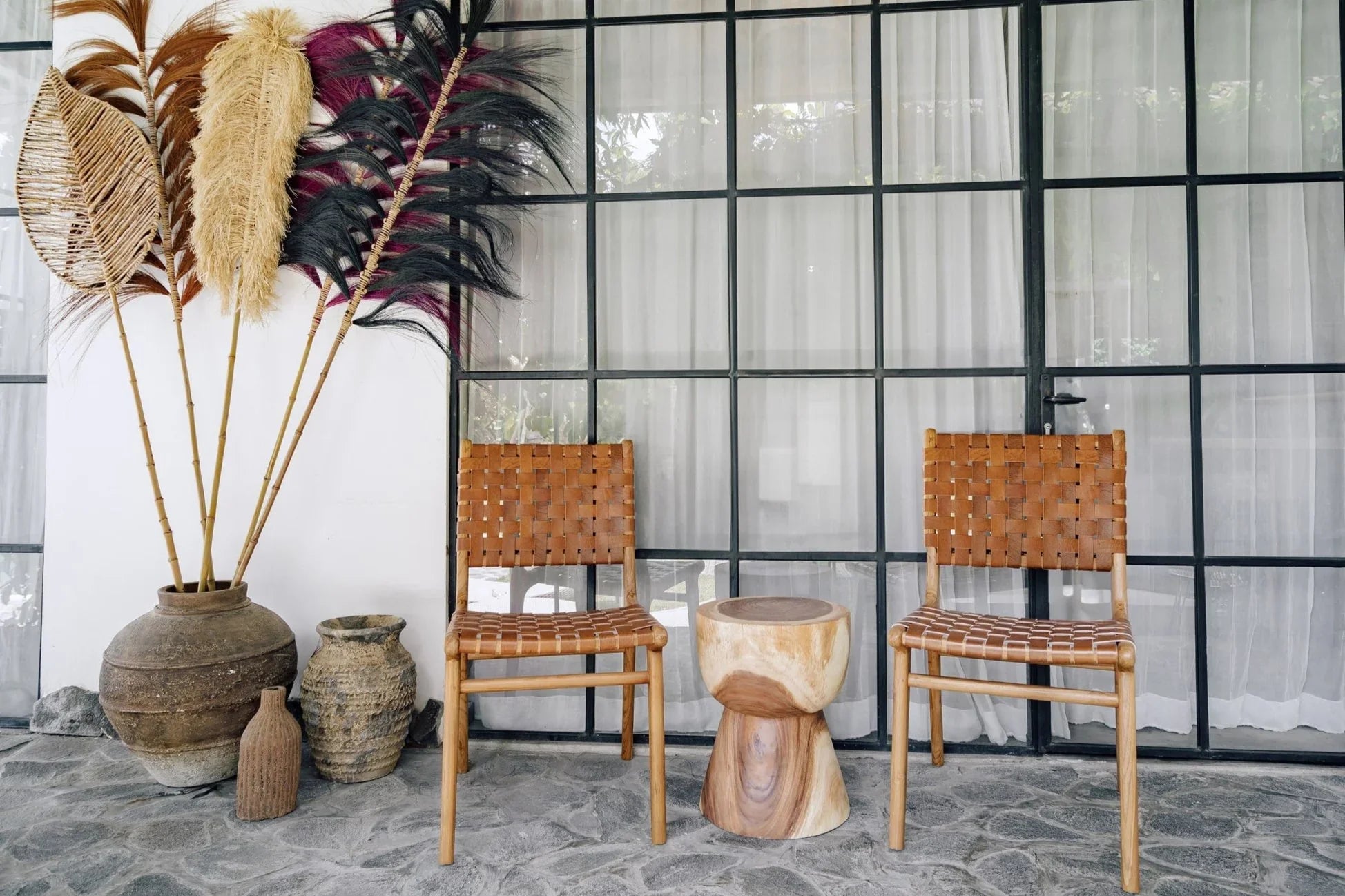 Handcrafted chairs and wooden stool with natural vases, Kayu Living sustainable furniture