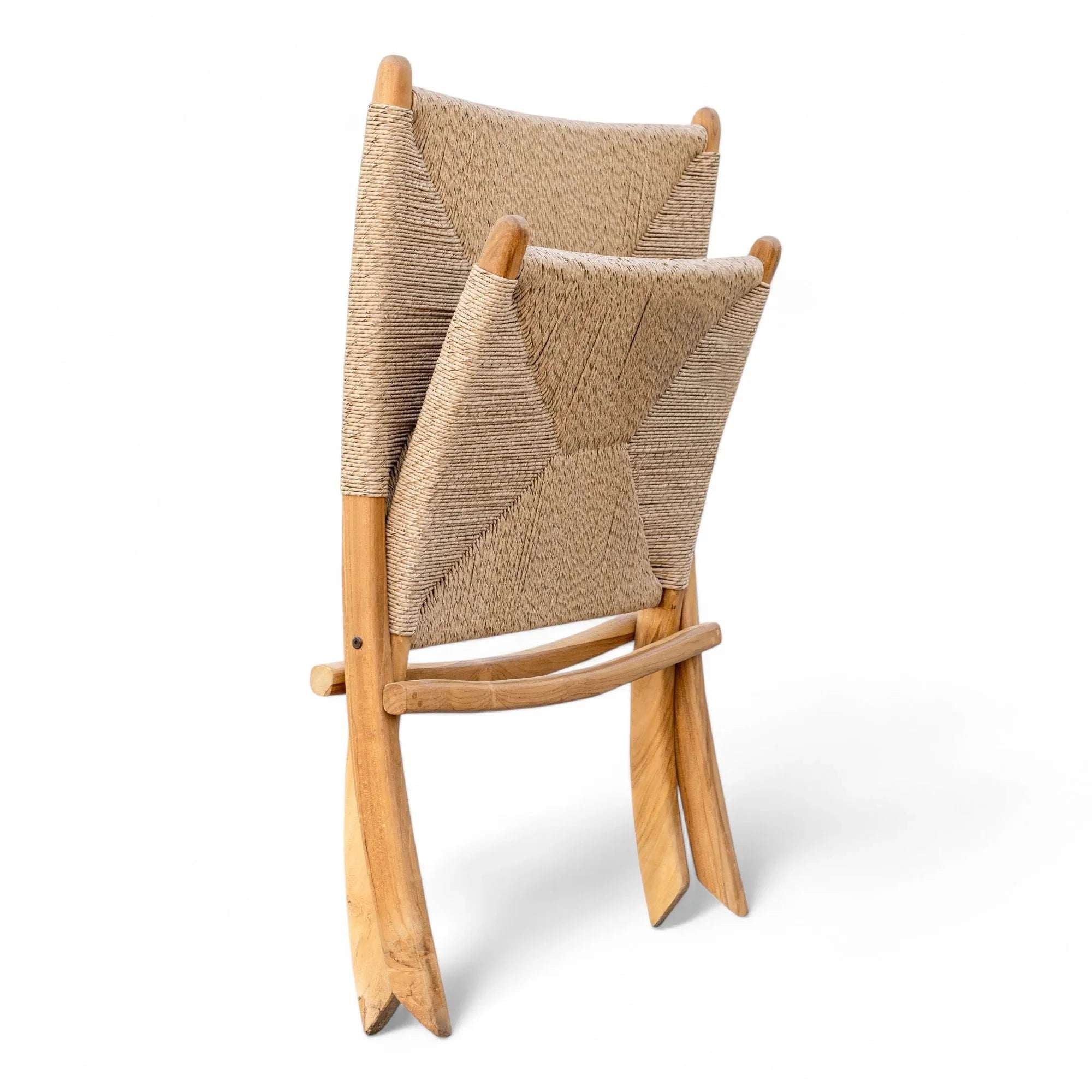 Stacked handmade woven chairs with natural wood frame, Kayu Living furniture