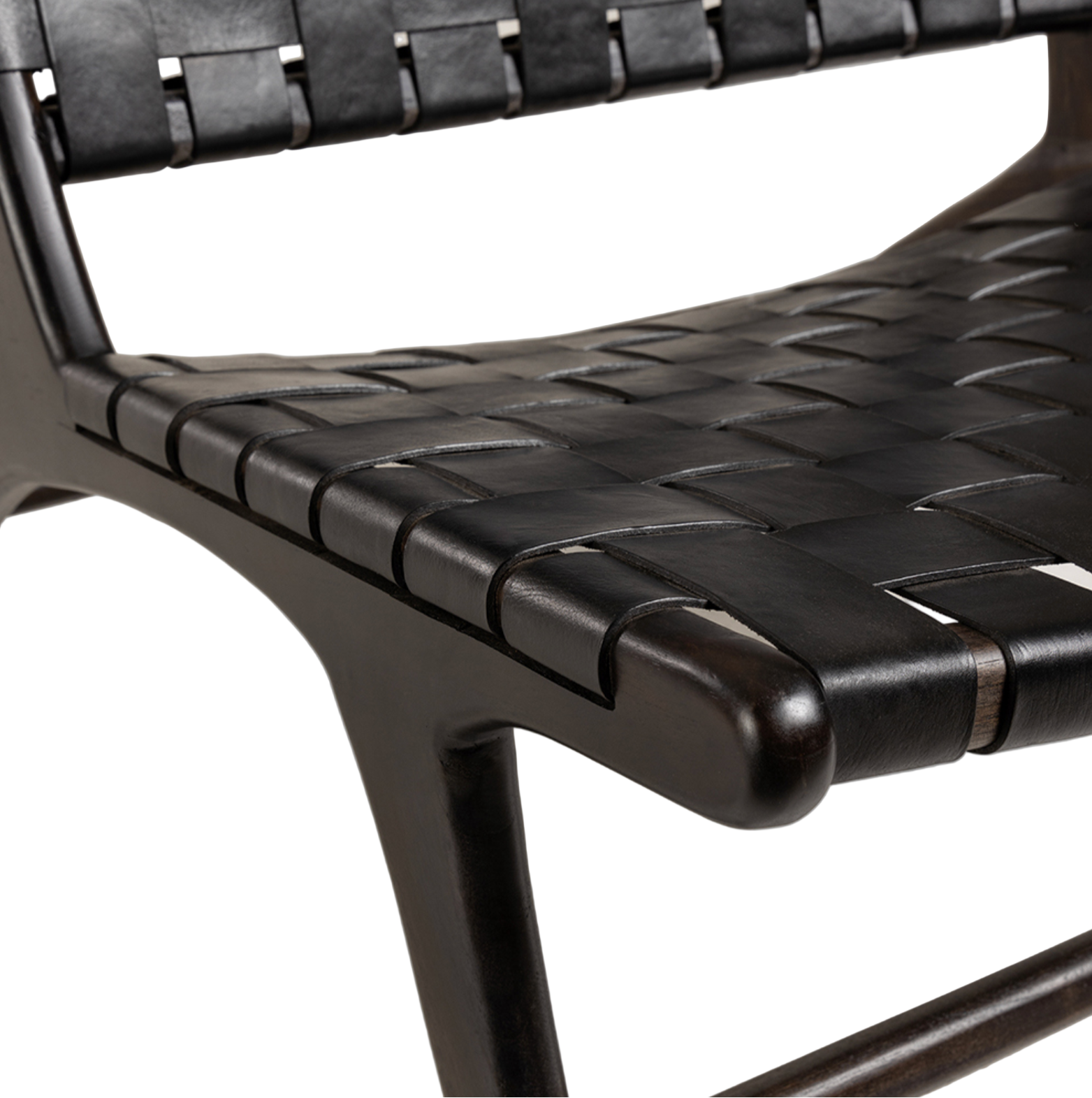 Close-up of a black woven chair seat on a white background