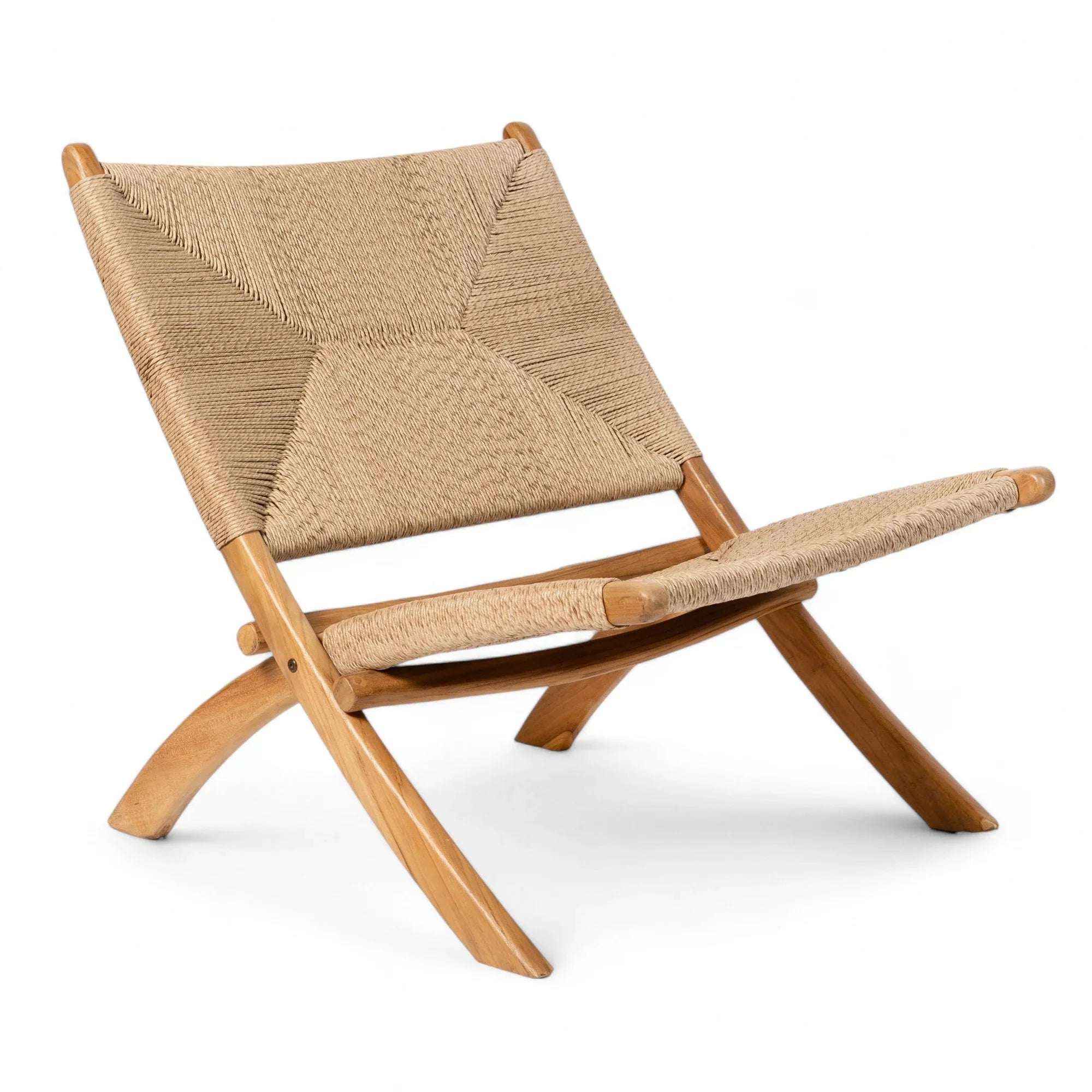 Handmade lounge chair with natural wood frame and woven rope seat from Kayu Living