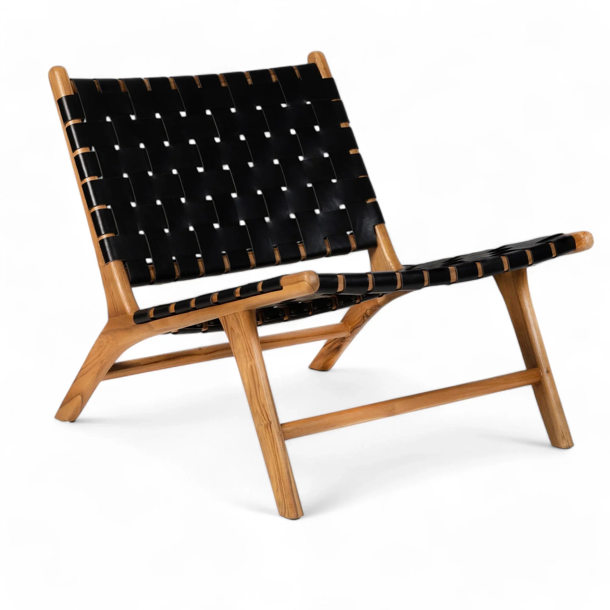 Handmade black woven lounge chair with natural wood frame, Kayu Living furniture