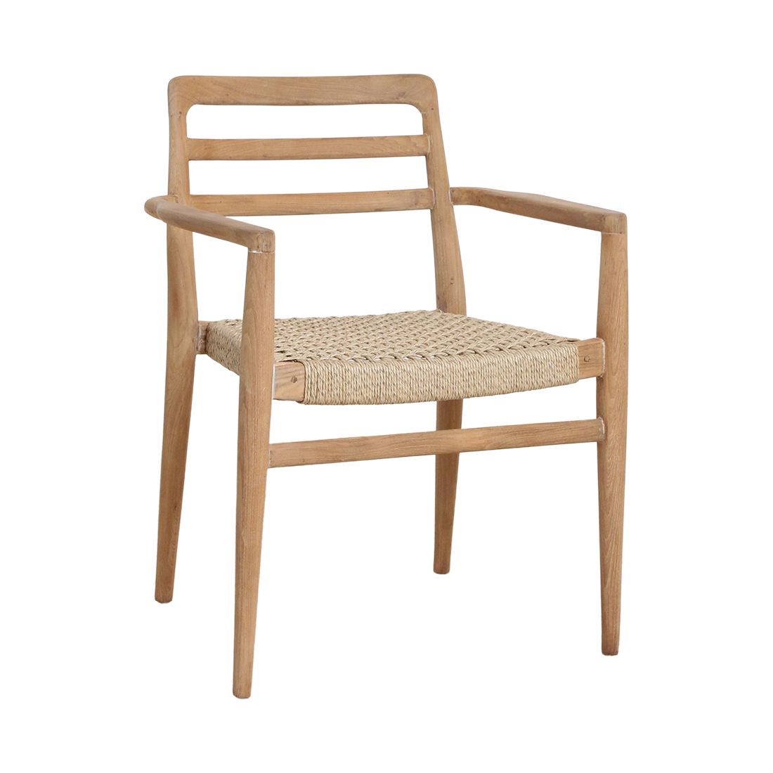 Pair of Raw Materials Verano teak dining chairs with armrests, featuring sleek wooden design and comfortable seating for dining rooms