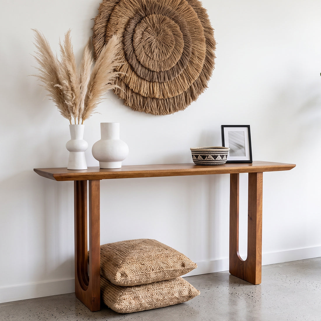 Raw Materials bullnose chamfered mango wood console table with sleek design and smooth edges, ideal for entryways or living rooms.