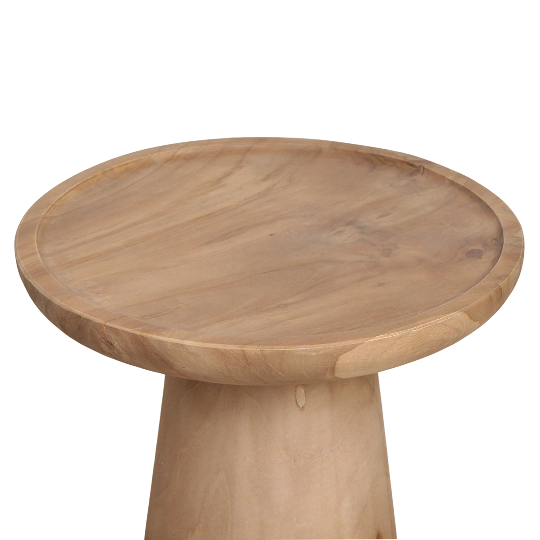 Raw Materials Nero Ray teak side table showing smooth wooden surface and modern design on a neutral background.