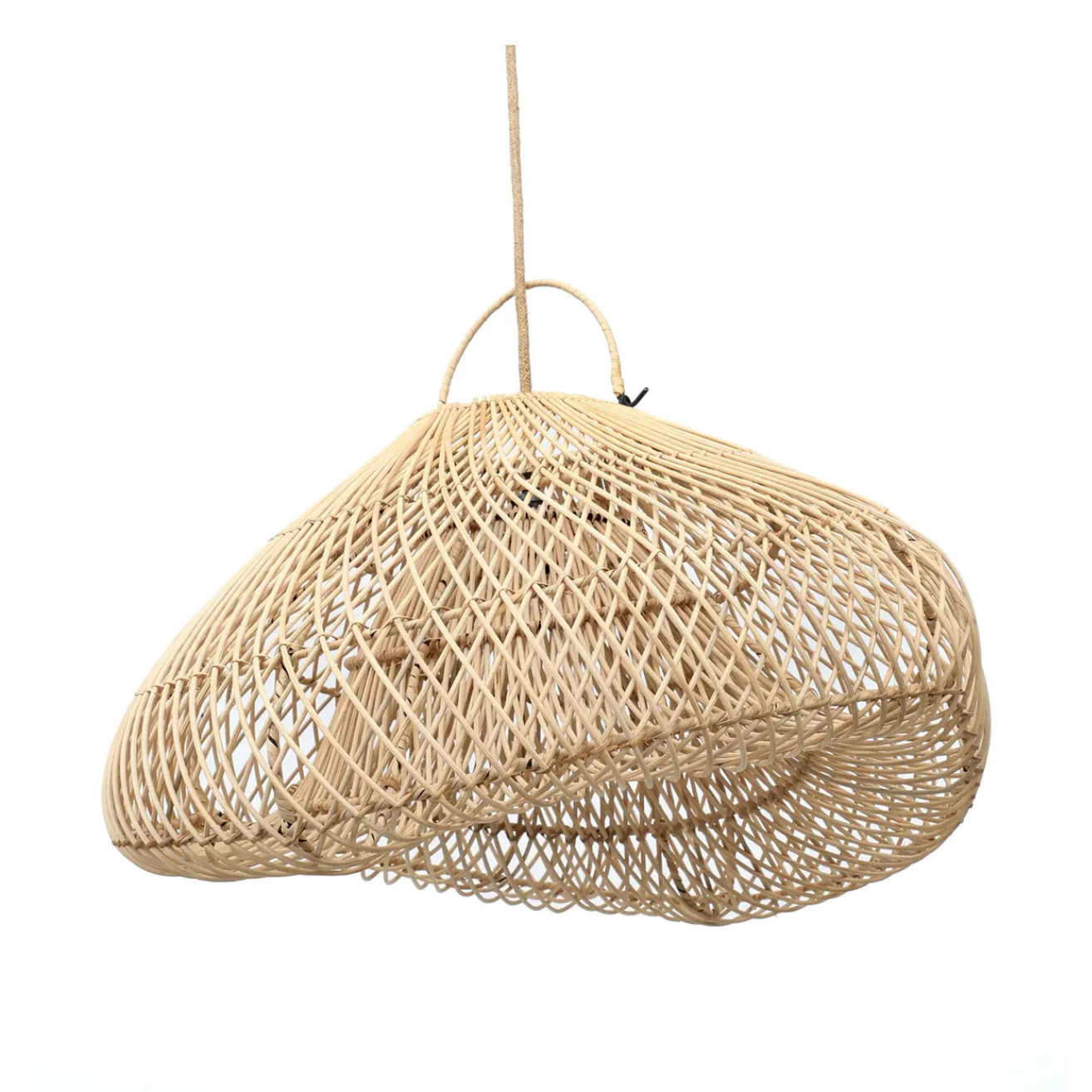Woven pendant light fixture on a white background