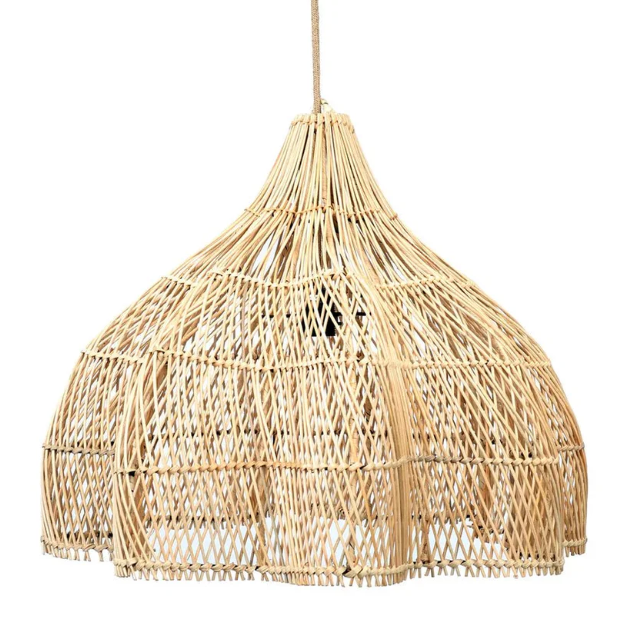 Woven rattan pendant light on a white background