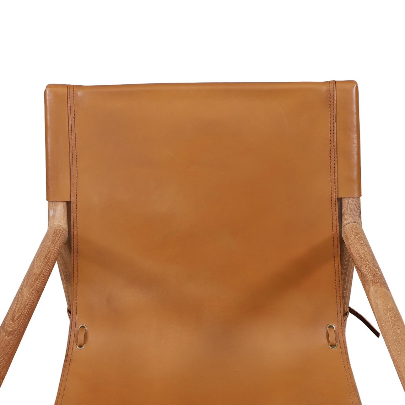 Brown leather chair with wooden armrests on a gray background