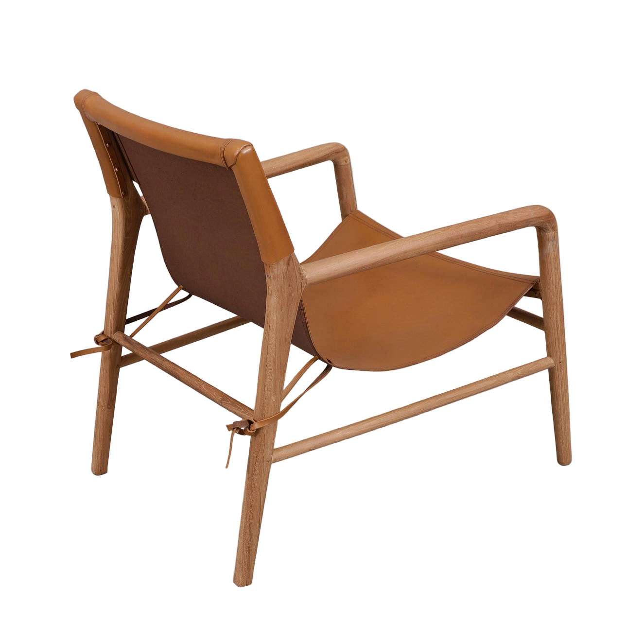 Brown leather chair with wooden frame on a gray background