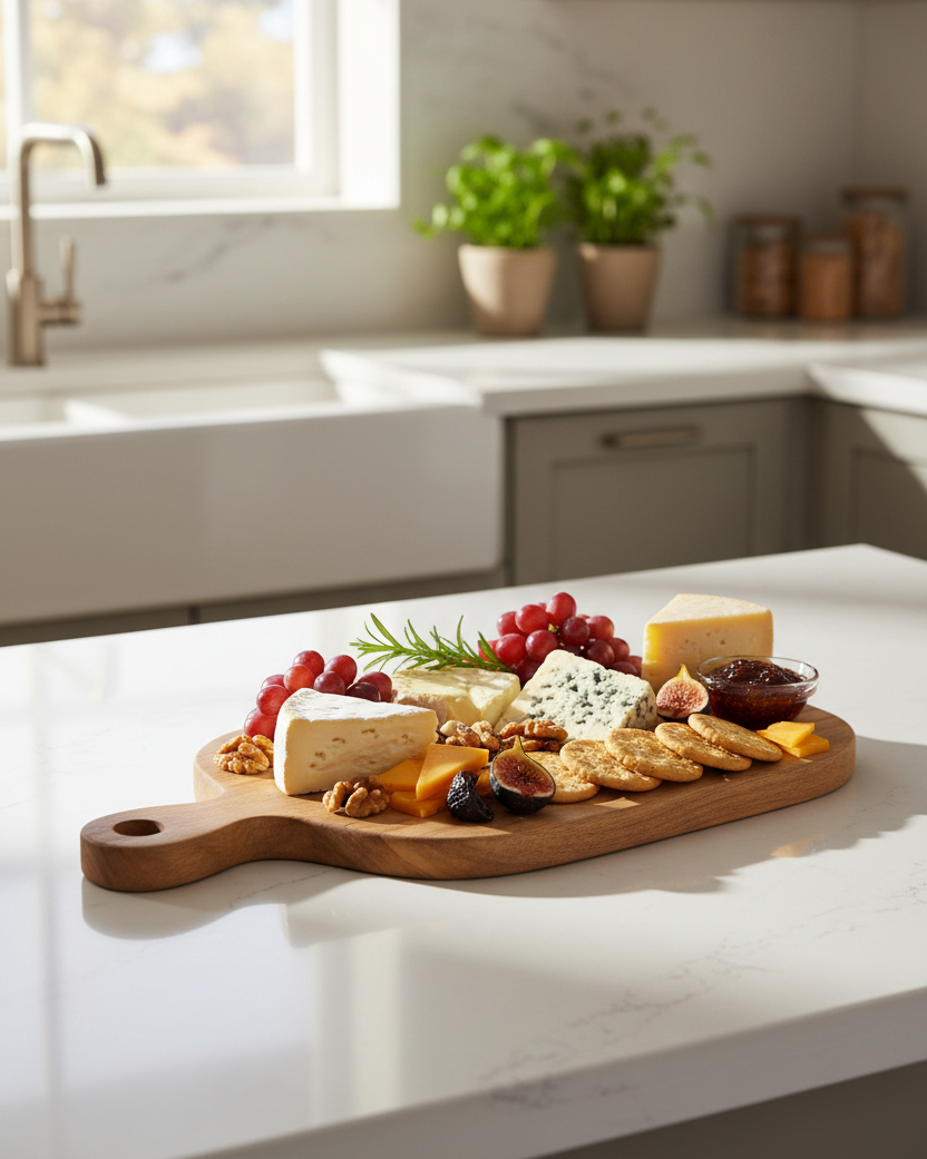 Teak cutting board from Kayu Living with smooth surface and natural wood grain, ideal for food preparation.