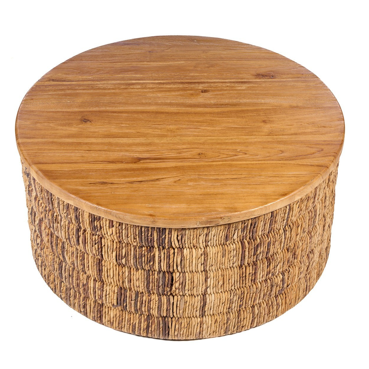 Kayu Living Abaca Round Natural Magani coffee table with a smooth teak wood top and handwoven abaca fiber base.