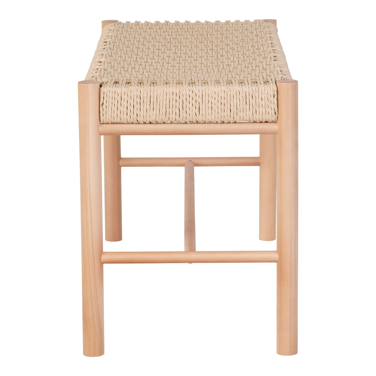 Kayu Living Abano bench featuring a light poplar wood frame and a natural woven paper-cord seat in a front view.