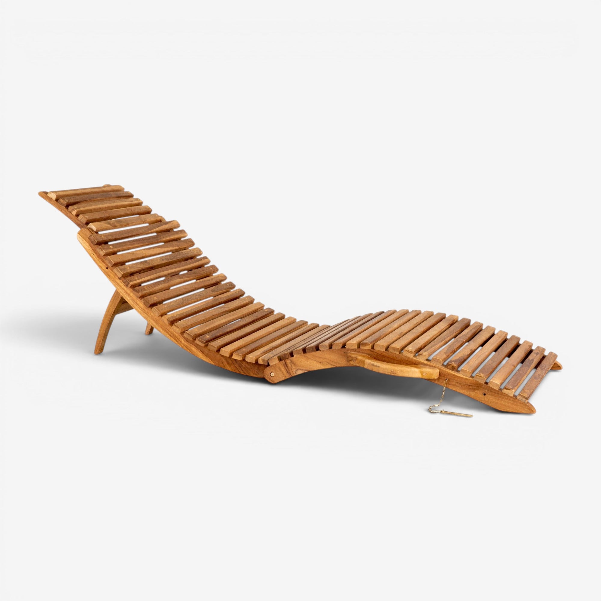 Kayu Living Arrieta natural teak wood sun lounger with adjustable backrest for outdoor lounging.