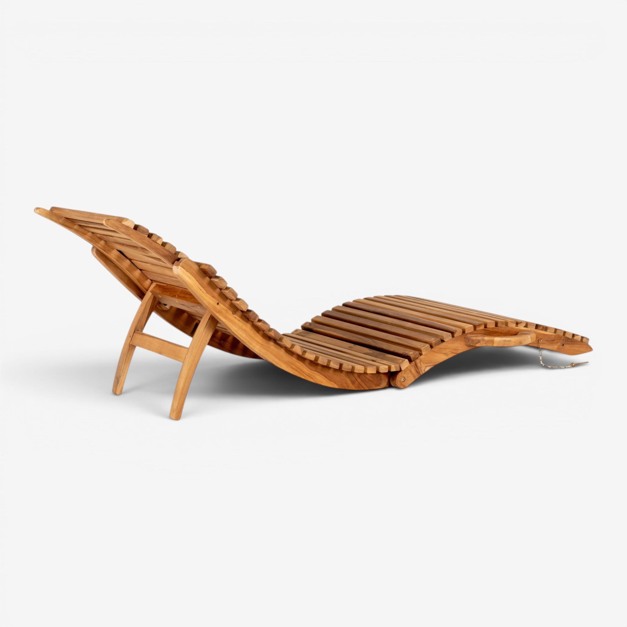 Kayu Living Arrieta natural teak sun lounger with adjustable back and slatted design for outdoor lounging.
