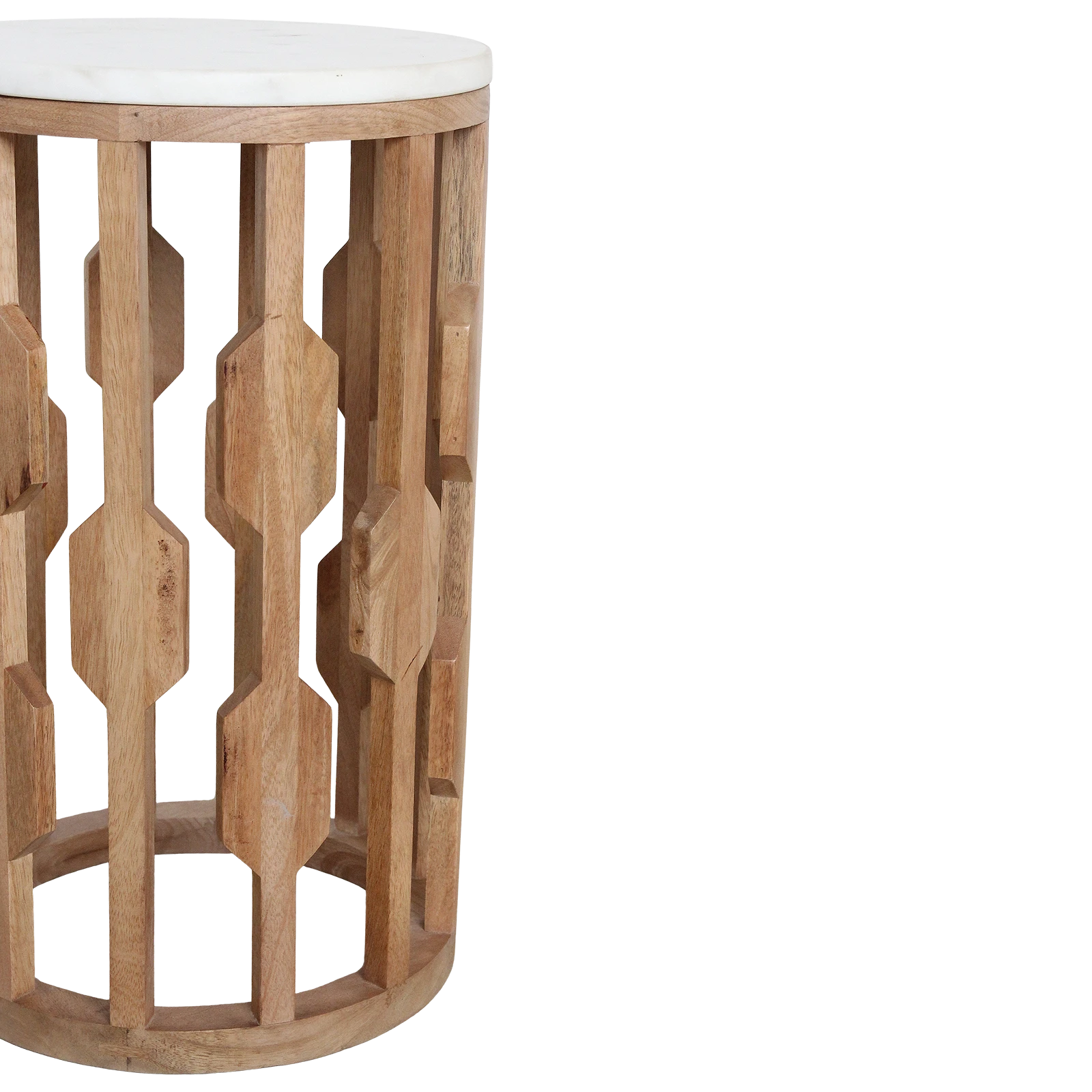 Kayu Living Atjeh side table featuring a round white marble top and a decorative openwork mango wood base.