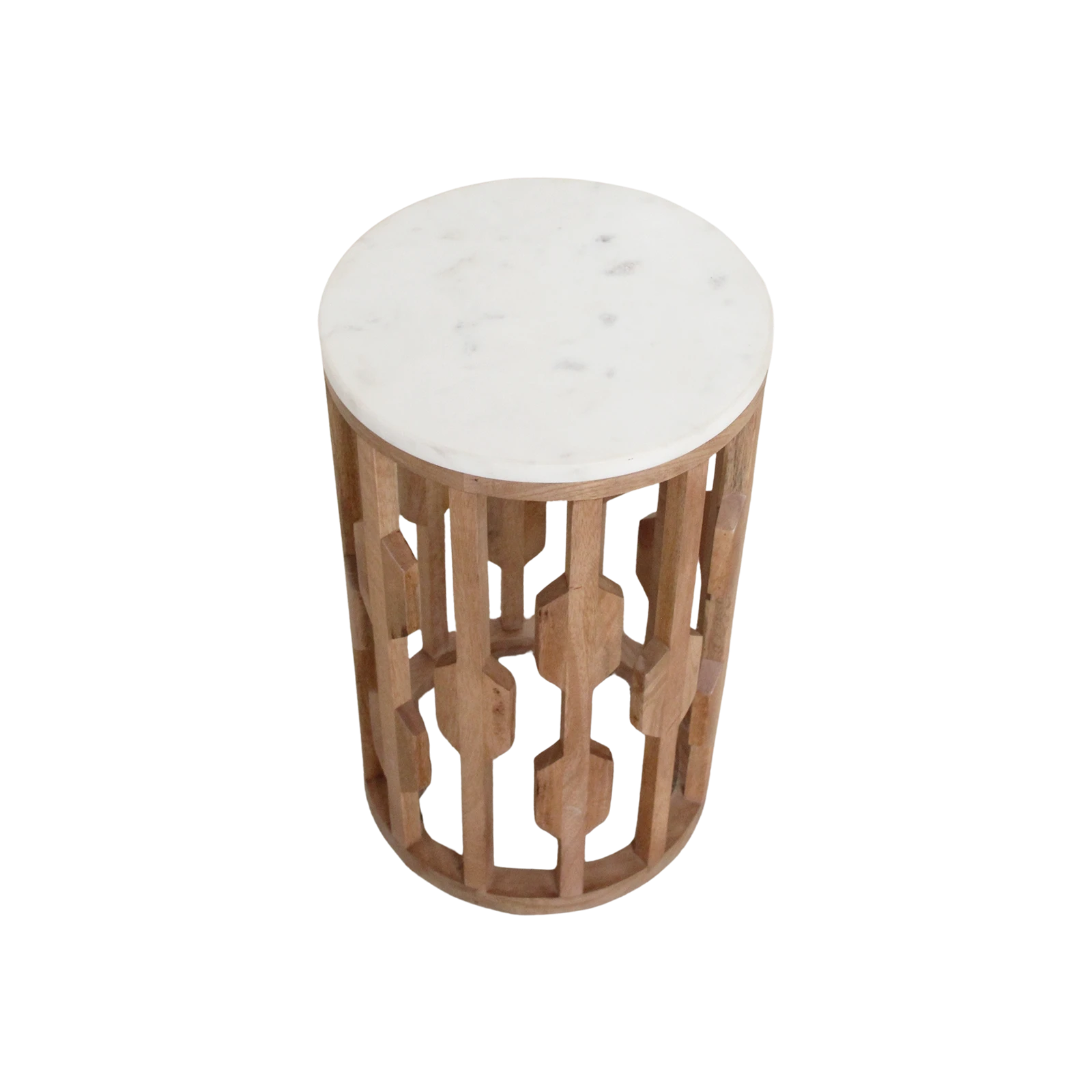 Kayu Living Atjeh round side table featuring a white marble top and a decorative openwork mango wood base.