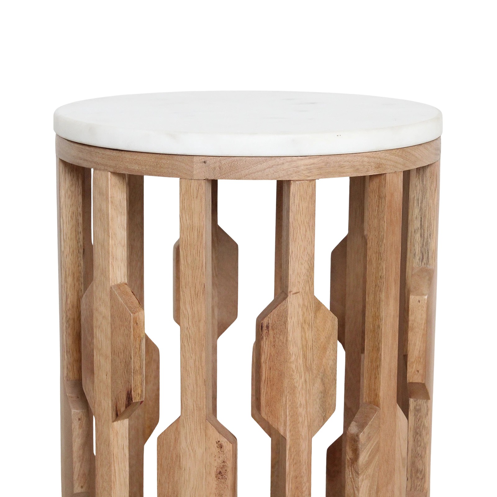 Kayu Living Atjeh side table featuring a round white marble top on a sculptural open mango wood base.