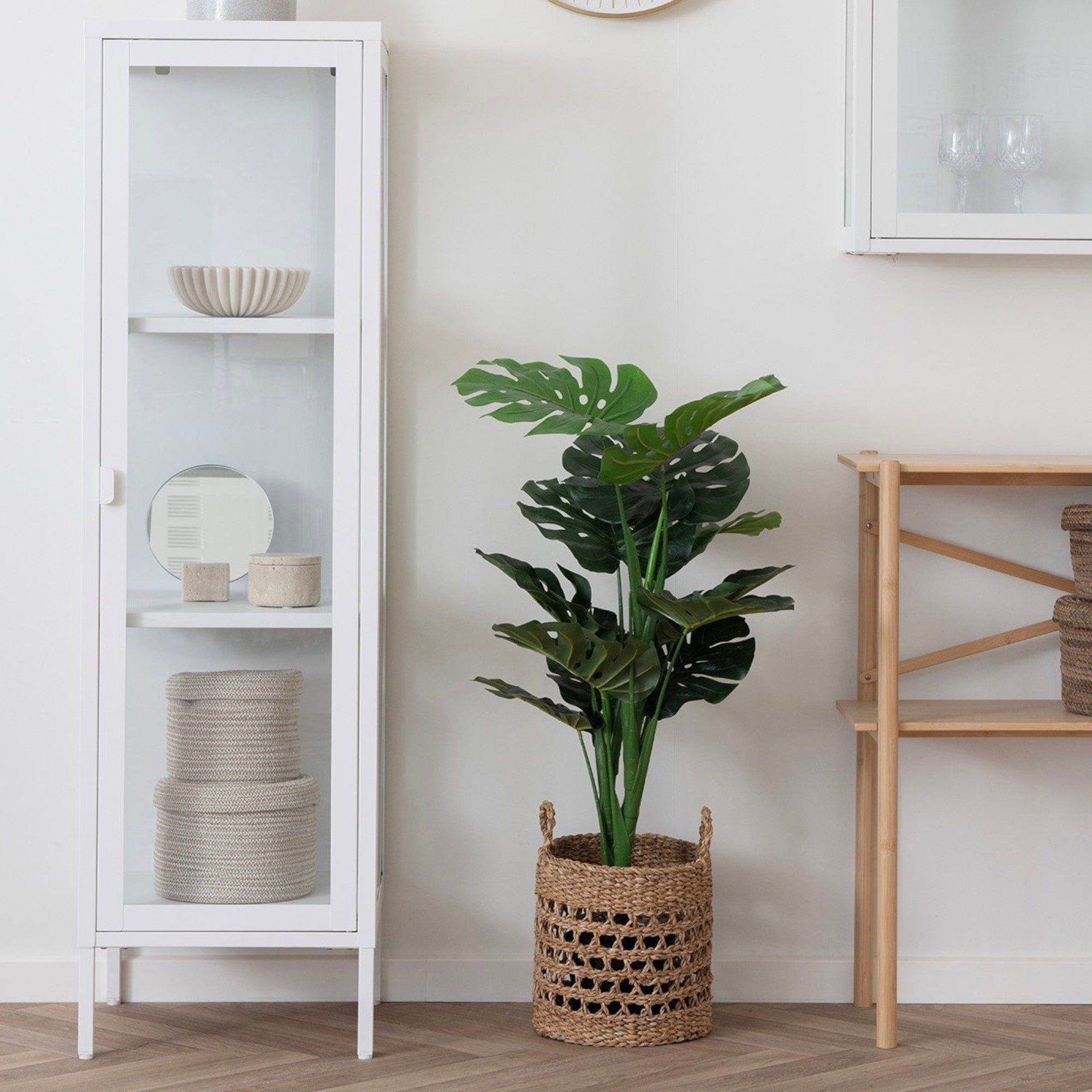 Kayu Living Balok set of 3 natural seagrass baskets with black accents arranged in a bright minimalist room