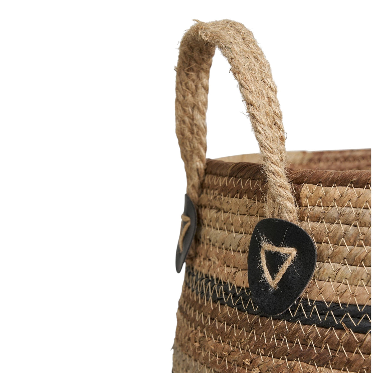 Kayu Living Erba set of 2 handcrafted natural banana-leaf baskets with rope handles and black leather accents