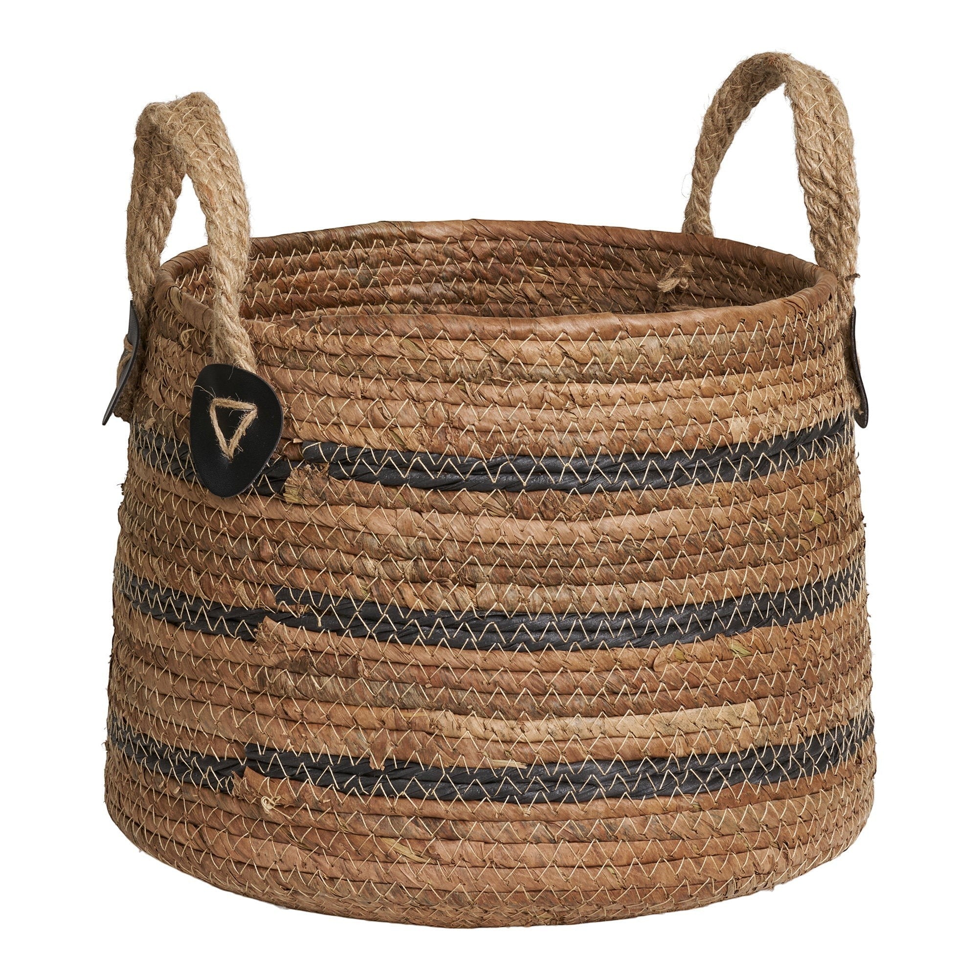 Kayu Living Erba handcrafted natural banana-leaf storage basket with black striped weave and sturdy rope handles.