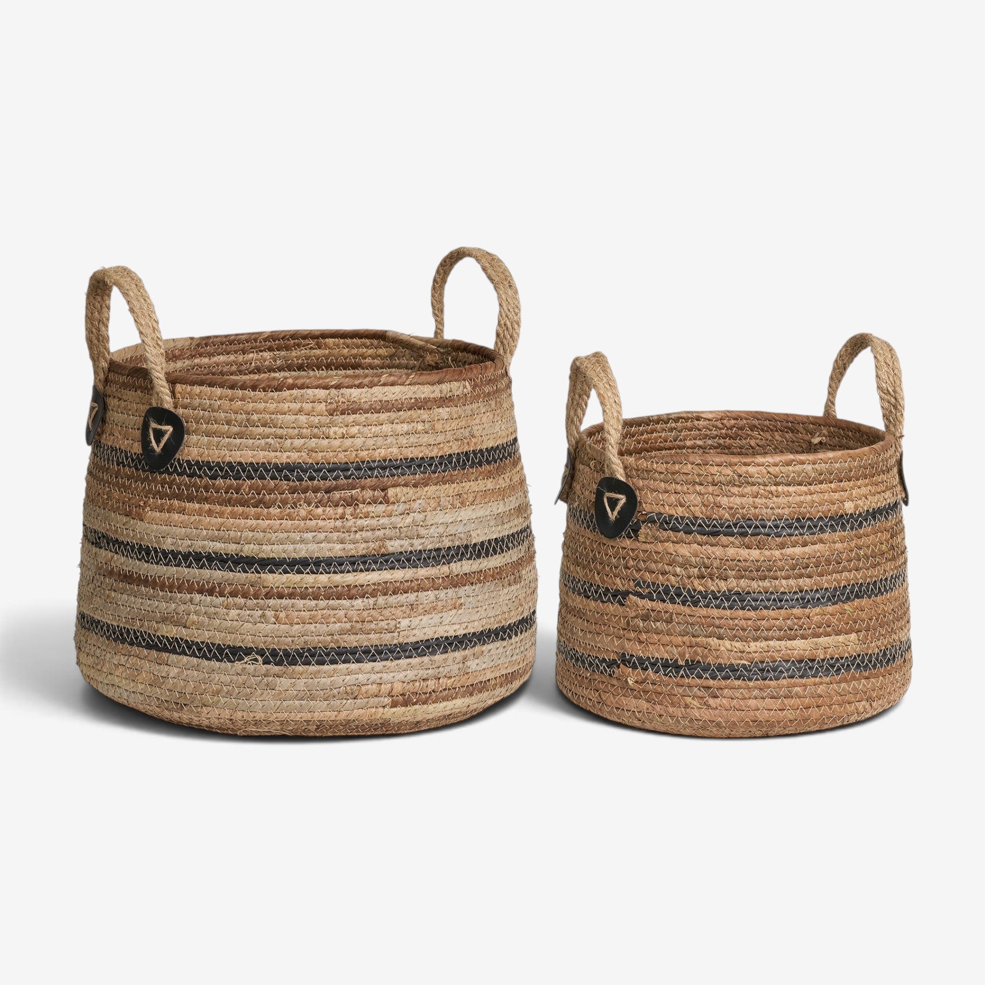 Kayu Living Erba set of two handcrafted natural banana-leaf storage baskets with black striped woven detailing
