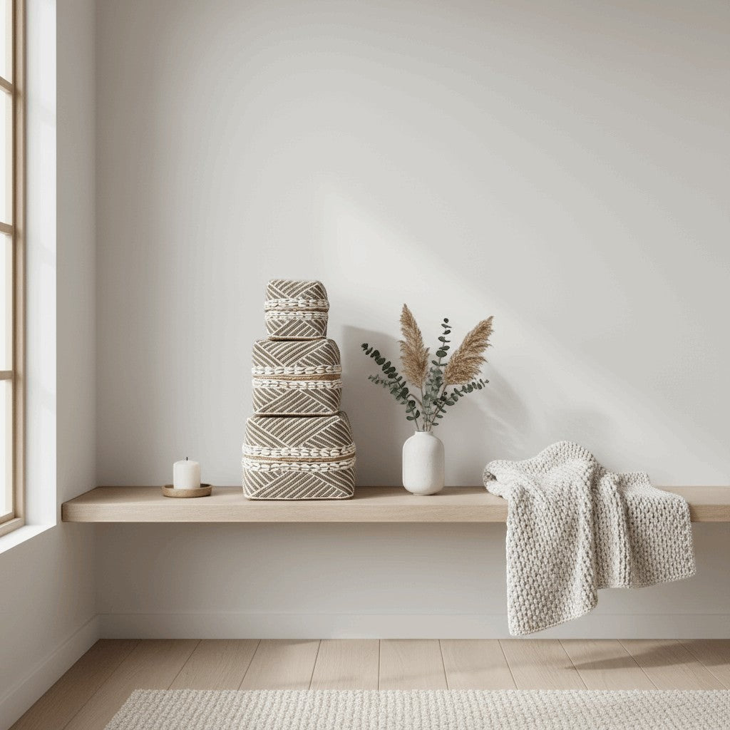 Kayu Living handmade beaded boxes in gold and white with shell accents, stacked for decor. Available in S, M, L.