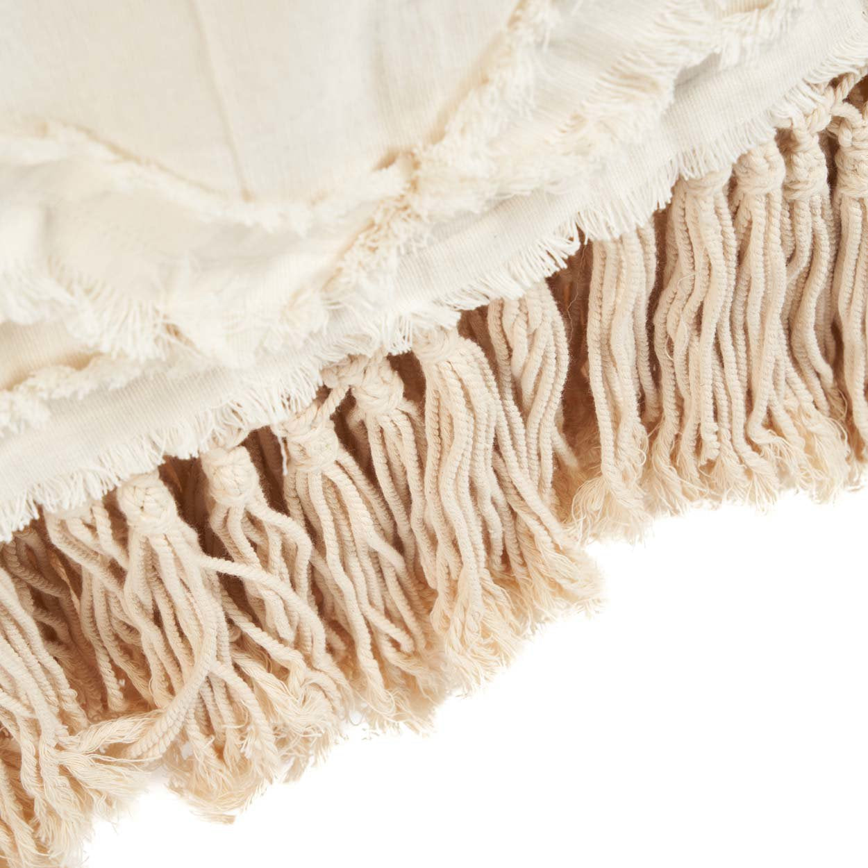 Kayu Living Berber Bed Throw in natural cotton with textured plaid pattern and long decorative fringe detail
