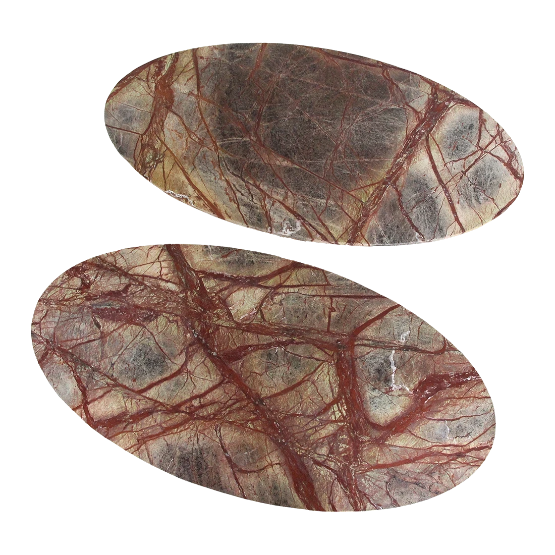 Kayu Living Bizar oval marble coffee table tops featuring unique red and brown veining on a smooth stone surface