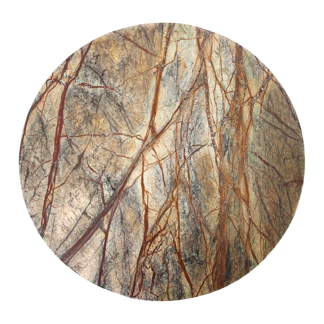 Kayu Living Bizar round marble side table top with dramatic rust-brown and green veining on a black background