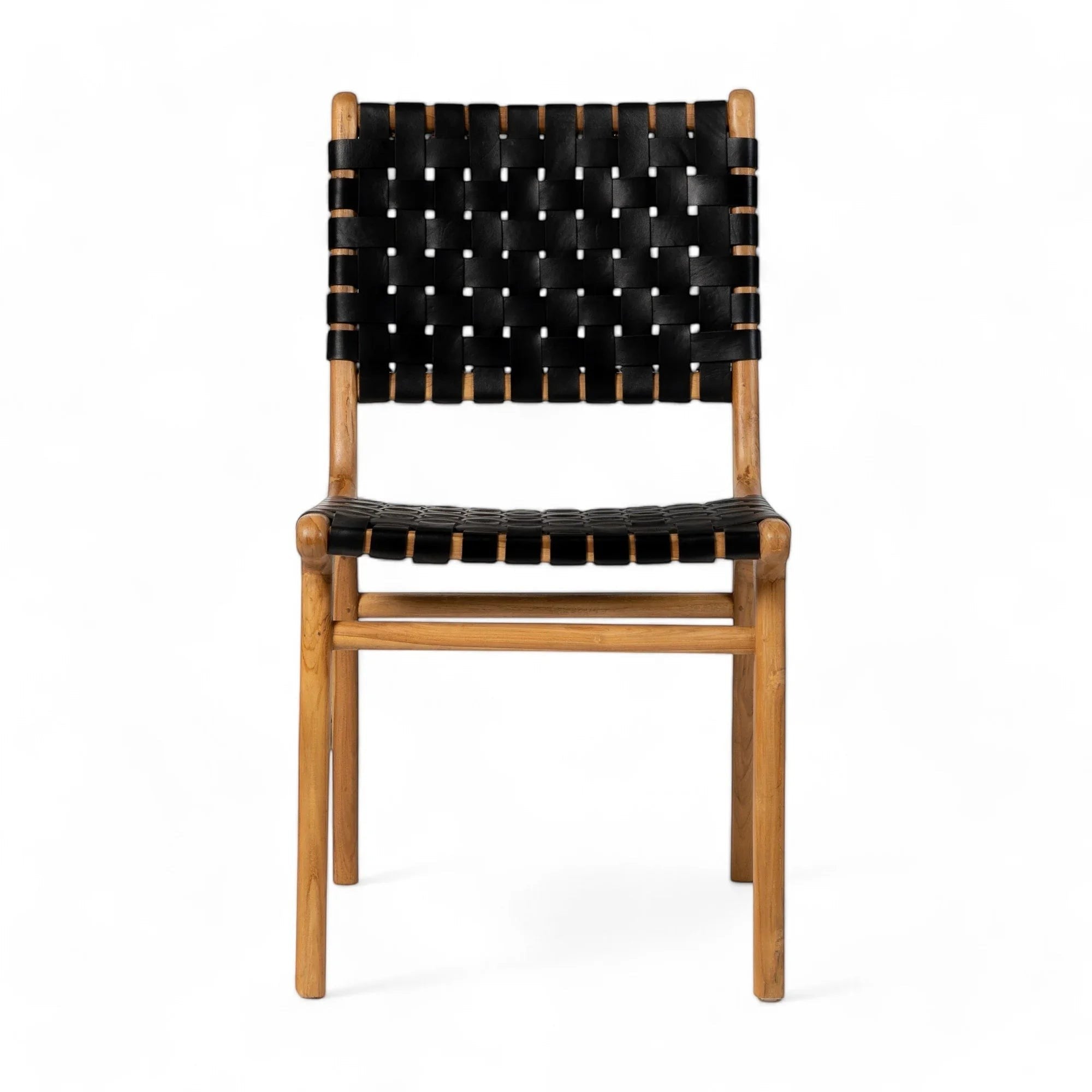 Kayu Living Umalas dining chair with hand-woven black leather seat and teak frame.