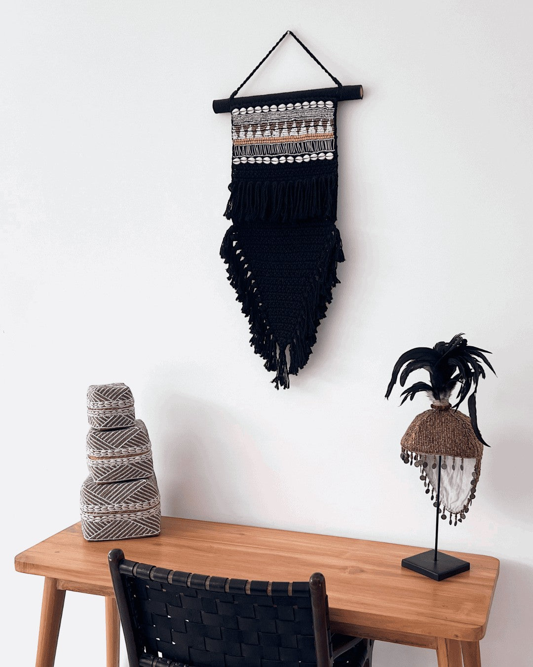 Kayu Living black macrame wall hanging with beads and shells, 70x30 cm, bohemian style.