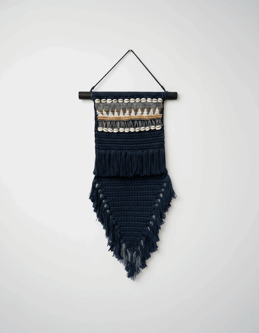 Kayu Living black macrame wall hanging with beads and shells, 70x30 cm, bohemian style.