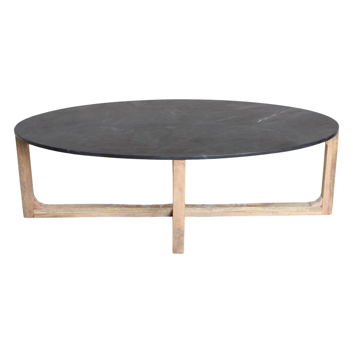 Kayu Living oval coffee table with a black marble top and a sustainable mango wood crossed base.