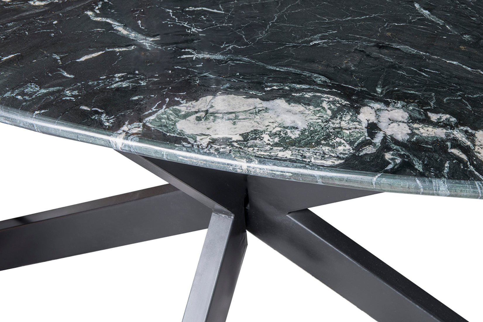 Kayu Living black marble oval dining table with a sturdy black steel spider base, showing natural stone texture.