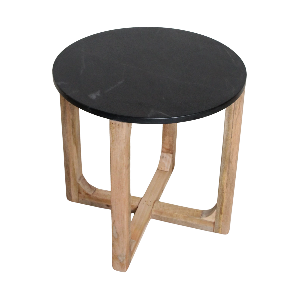 Kayu Living round side table with a black marble top and a natural mango wood crossed base.
