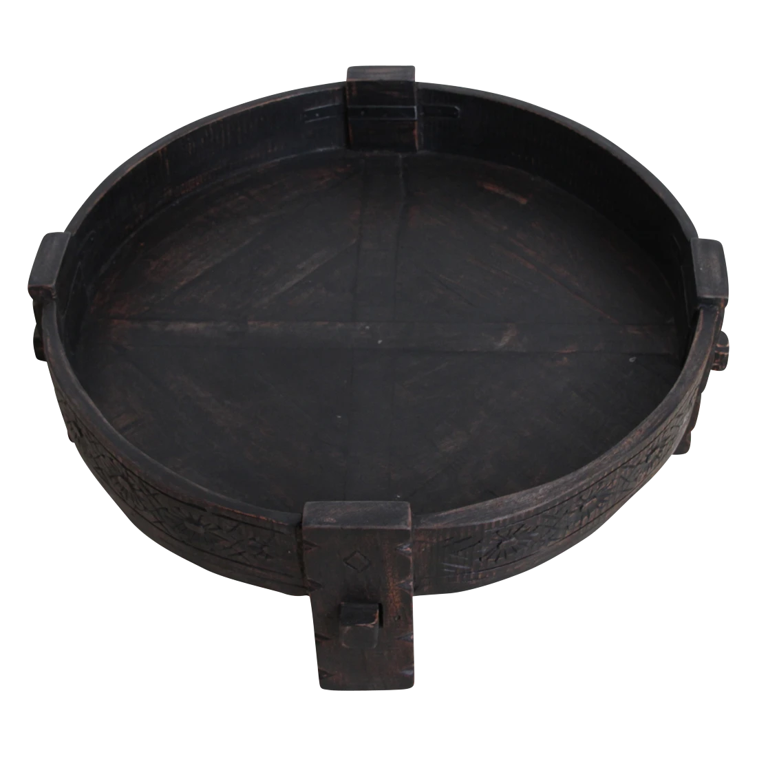 Kayu Living black hand-carved recycled wood Chakki side table with a low profile and intricate rim detailing.