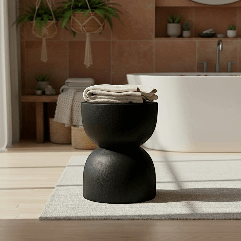 Kayu Living black hourglass stool made from solid suar wood, handcrafted by artisans in Java.
