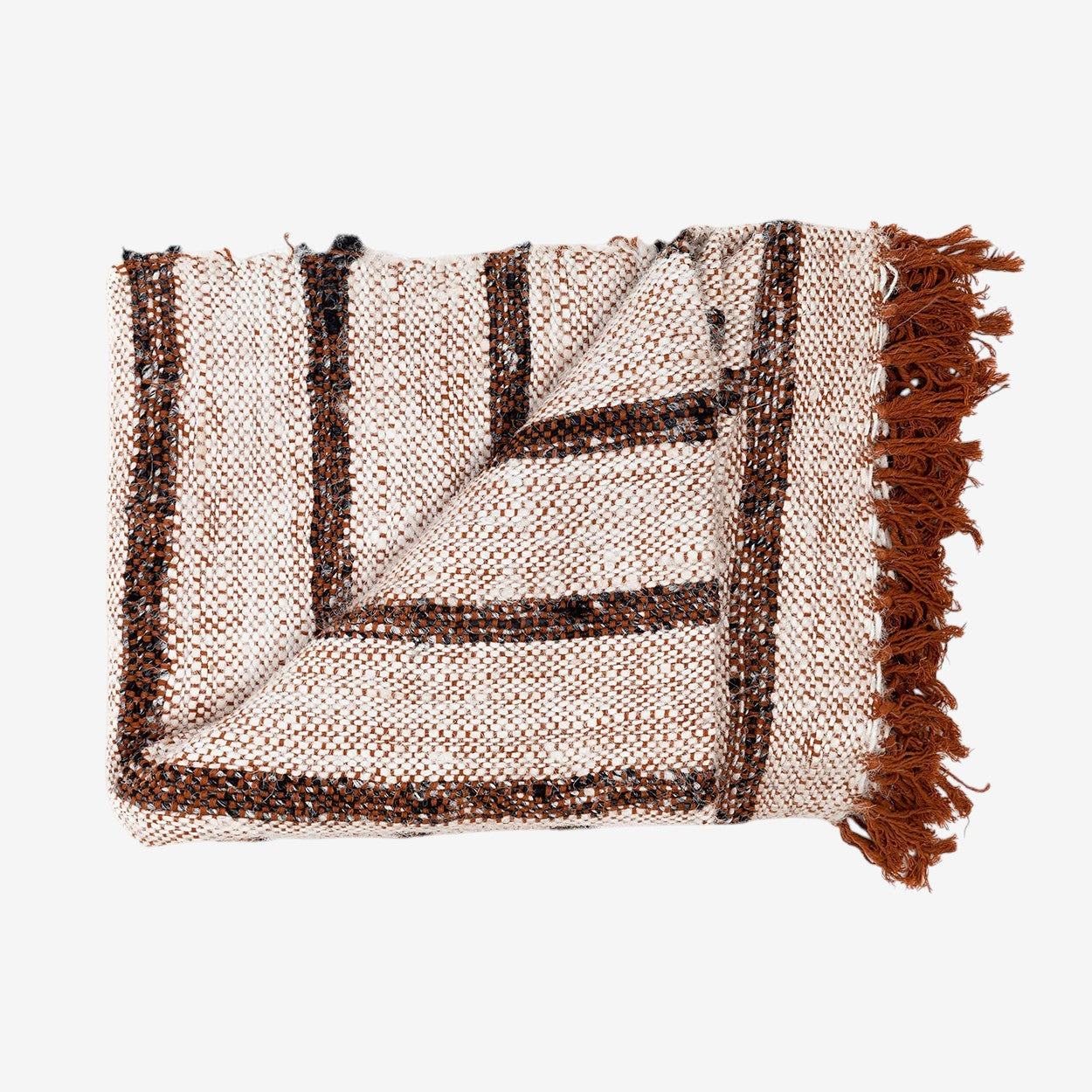 Kayu Living hand-woven Bohemian White cotton throw blanket with brown striped pattern and fringed edges.