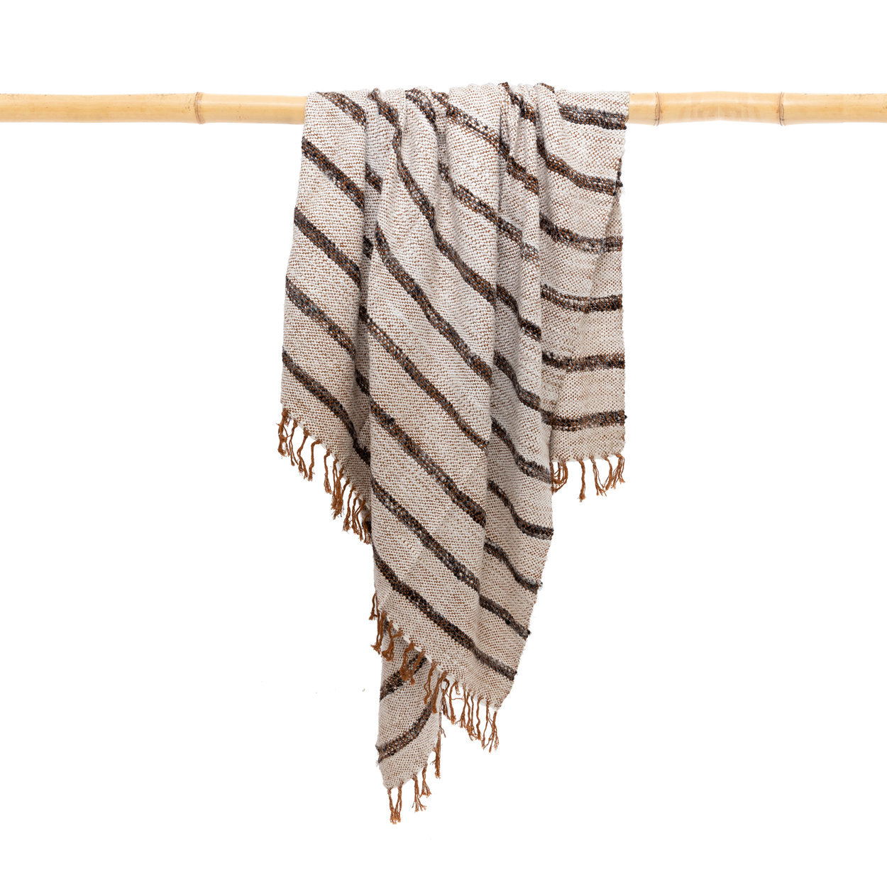 Kayu Living hand-woven cotton throw in Bohemian White with brown striped pattern, waffled texture, and fringed edges.