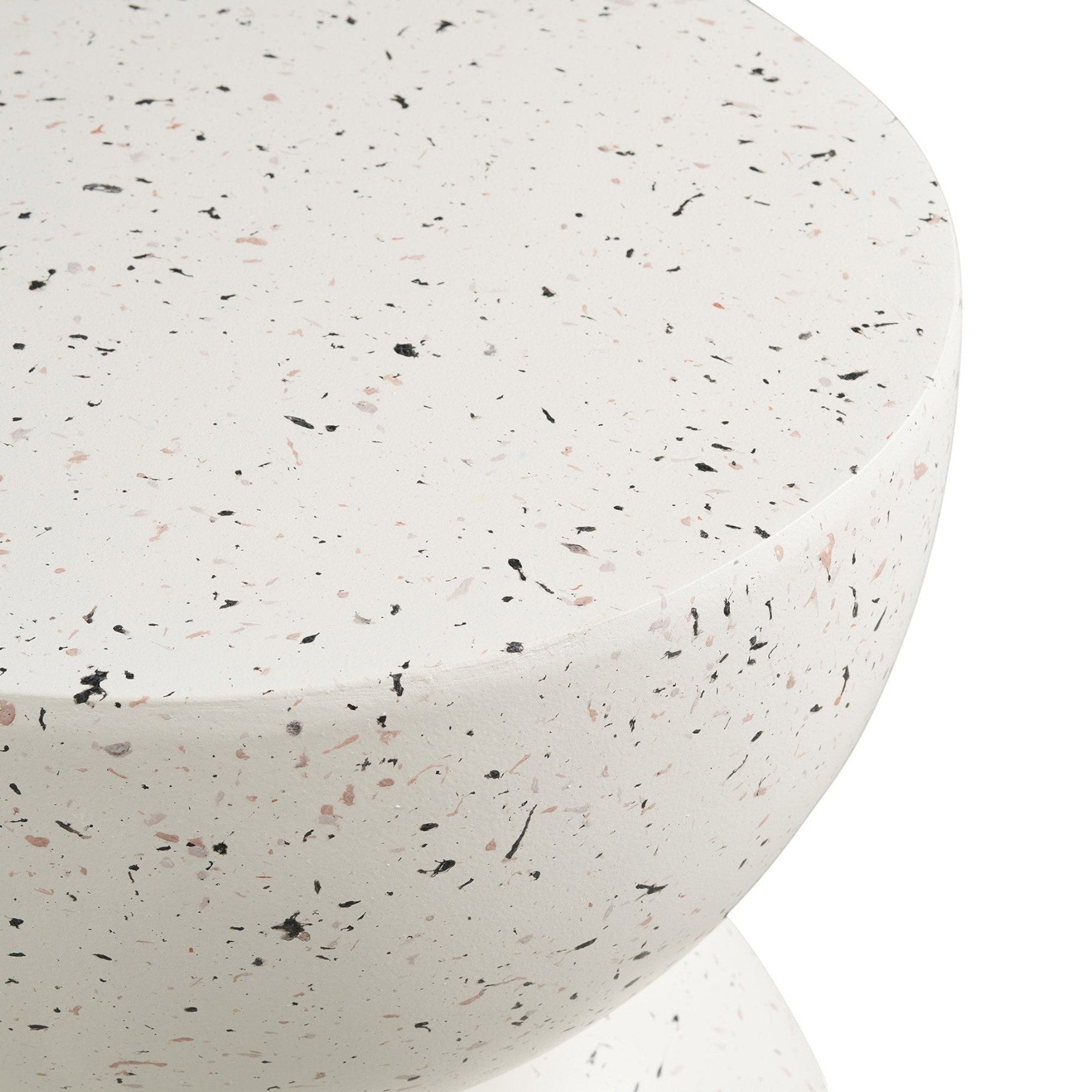 Kayu Living Bonita side table in off-white fiberclay with a speckled terrazzo finish and modern minimalist design.