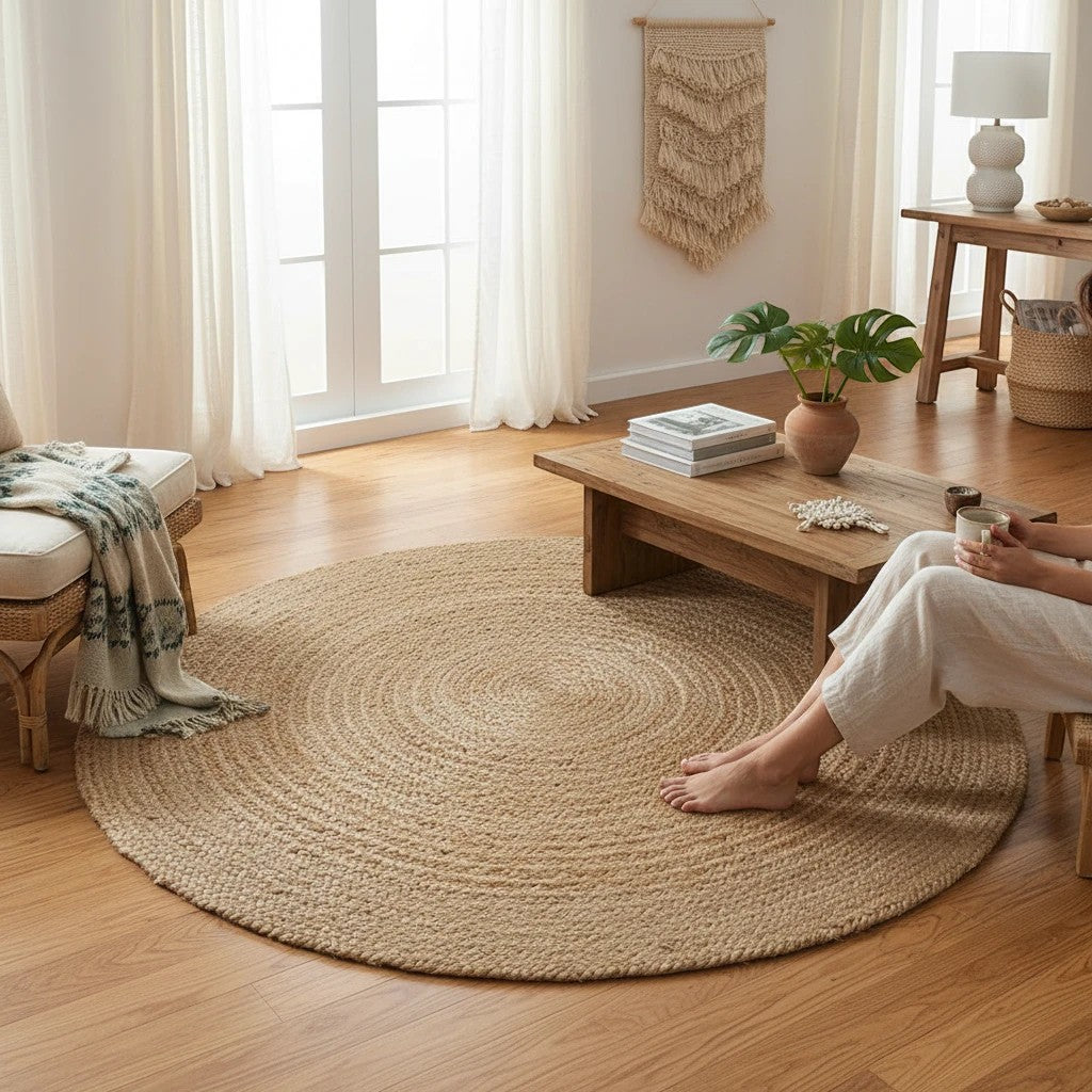 Kayu Living Bombay braided jute rug, natural, 120 cm diameter, adds organic texture to living spaces.