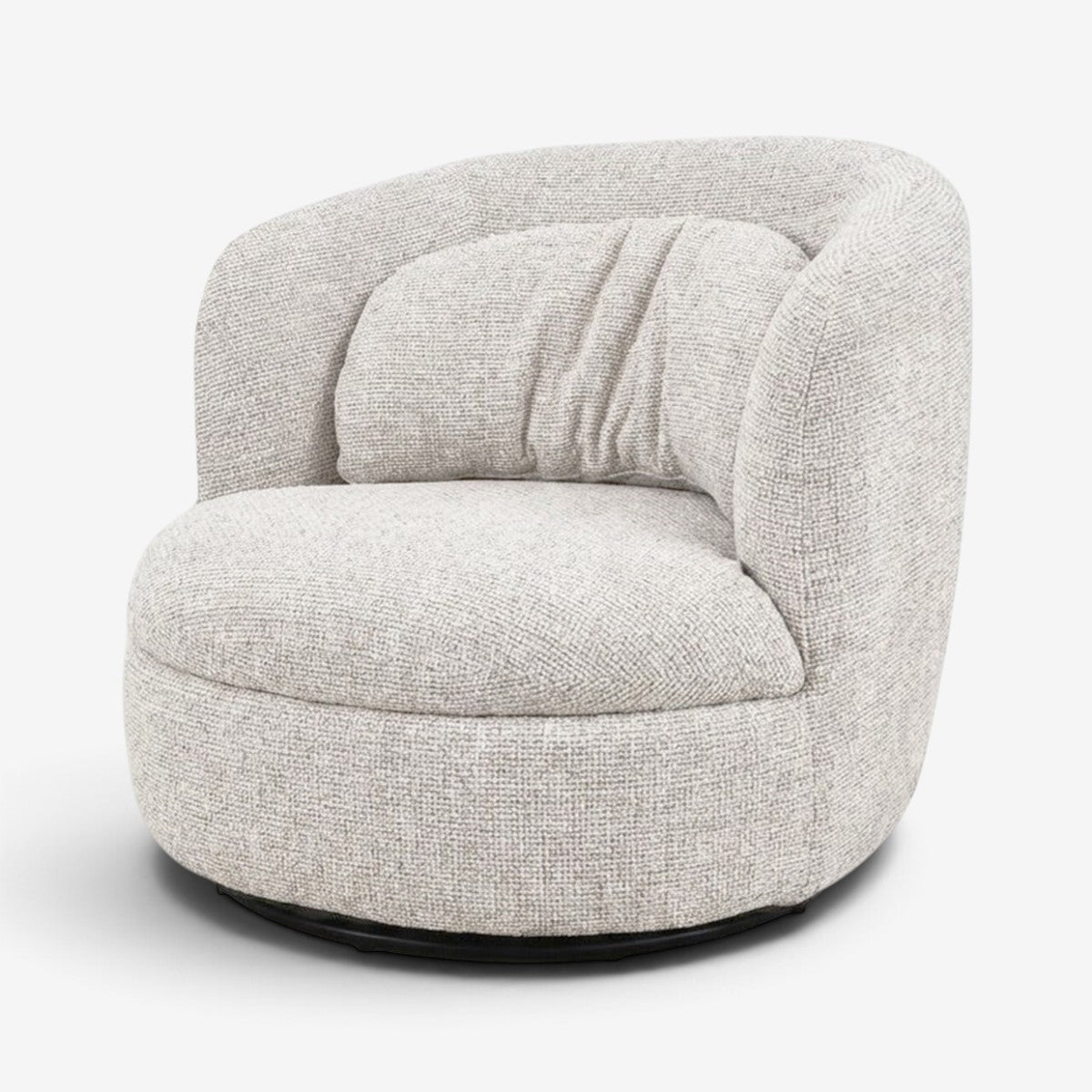 Kayu Living Britt swivel armchair in textured beige fabric with a rounded back and cozy, supportive seat cushion.